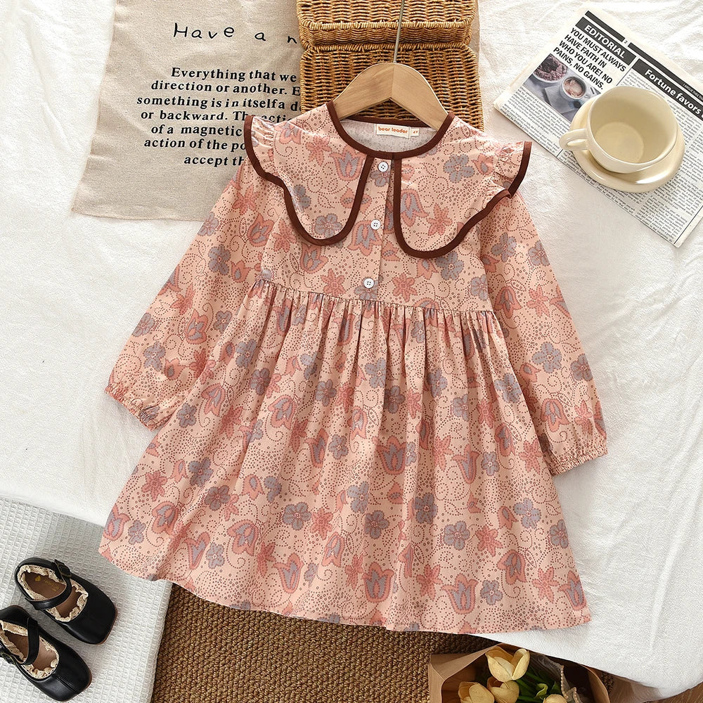 Bear Leader Autumn Spring New Girls' Dress Fashion Cute Doll Neck Flower Print Dress Children's Girls Long Sleeve Princess Dress