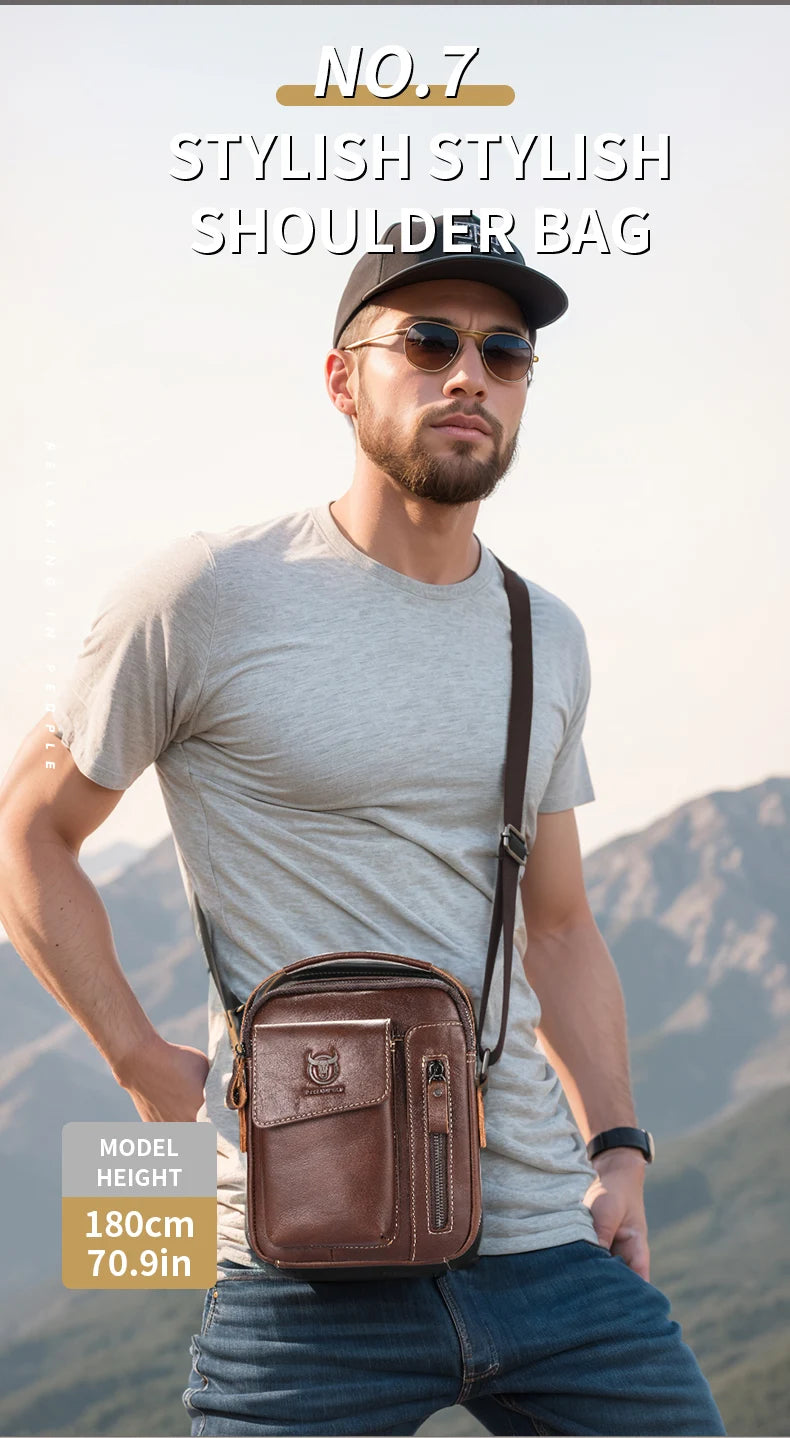 BULLCAPTAIN Casual Fashion Men's Messenger Bag's Business Portable Handbag Man Leather Shoulder Bag Mobile 6.5'' Phone Bags