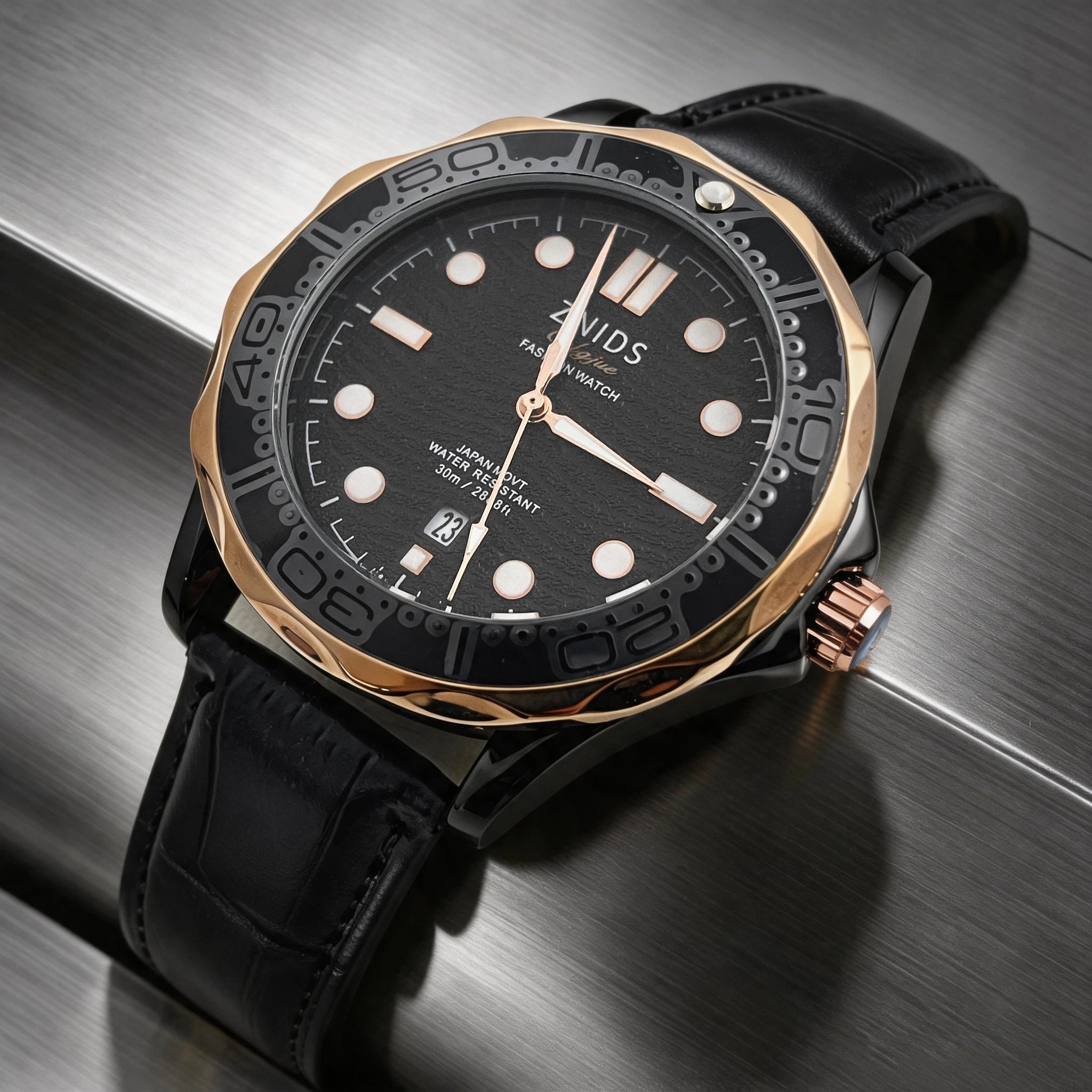 Luxury Men's Quartz Watch, Business Casual Versatile Wristwatch, Quartz Movement with Precise Timekeeping, Waterproof, Luminous Scale and Calendar Window, Rose Gold Bezel, Black Dial, Leather Strap, Luxury High-End Men's Watc