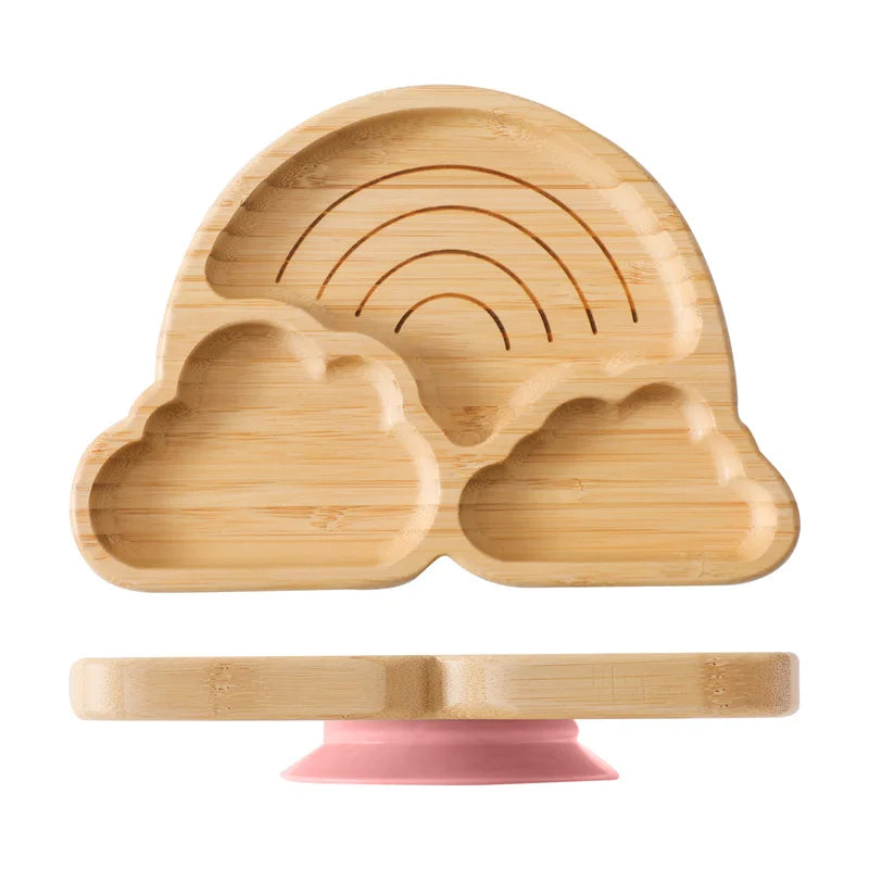 Baby Wooden Tableware Set Could Bamboo Wooden Plate Bowl Silicone Suction Wooden Handle Fork Spoon for Children Feeding Supplies