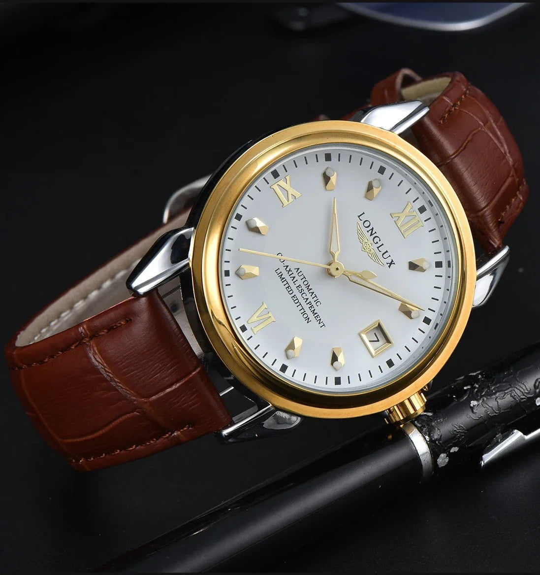 Luxury Men's Automatic Mechanical Watch, Mechanical Movement, Limited Edition, Roman Numeral Dial, Leather Strap, Skeleton Design, Waterproof, Luminous Calendar, Business Casual Style, Men's Watch, High-End Gentleman's Formal