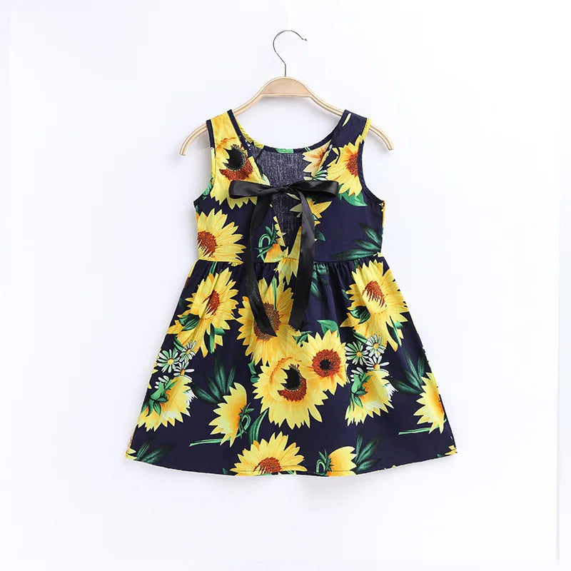 2025 Summer Girls Print Binding Rope Dress For 1-6Years Kids Cotton Sleeveless Sundress Baby Beach Above Knee Mini Casual Dress