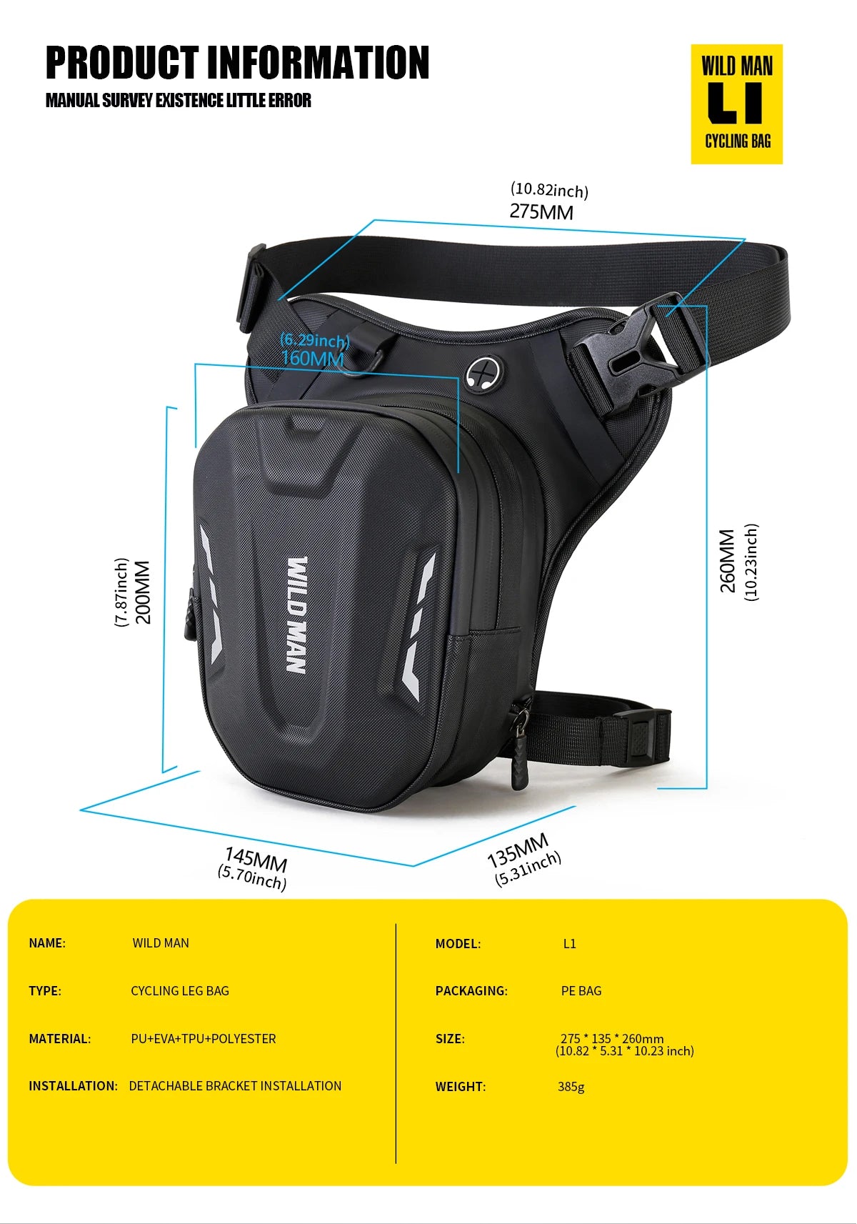 WILD MAN Motorcycle Leg Bag for Men - Riding Waist Bag, Biker Motorcycle Hard Shell Bag, Sports Messenger Bag, Travel Equipment