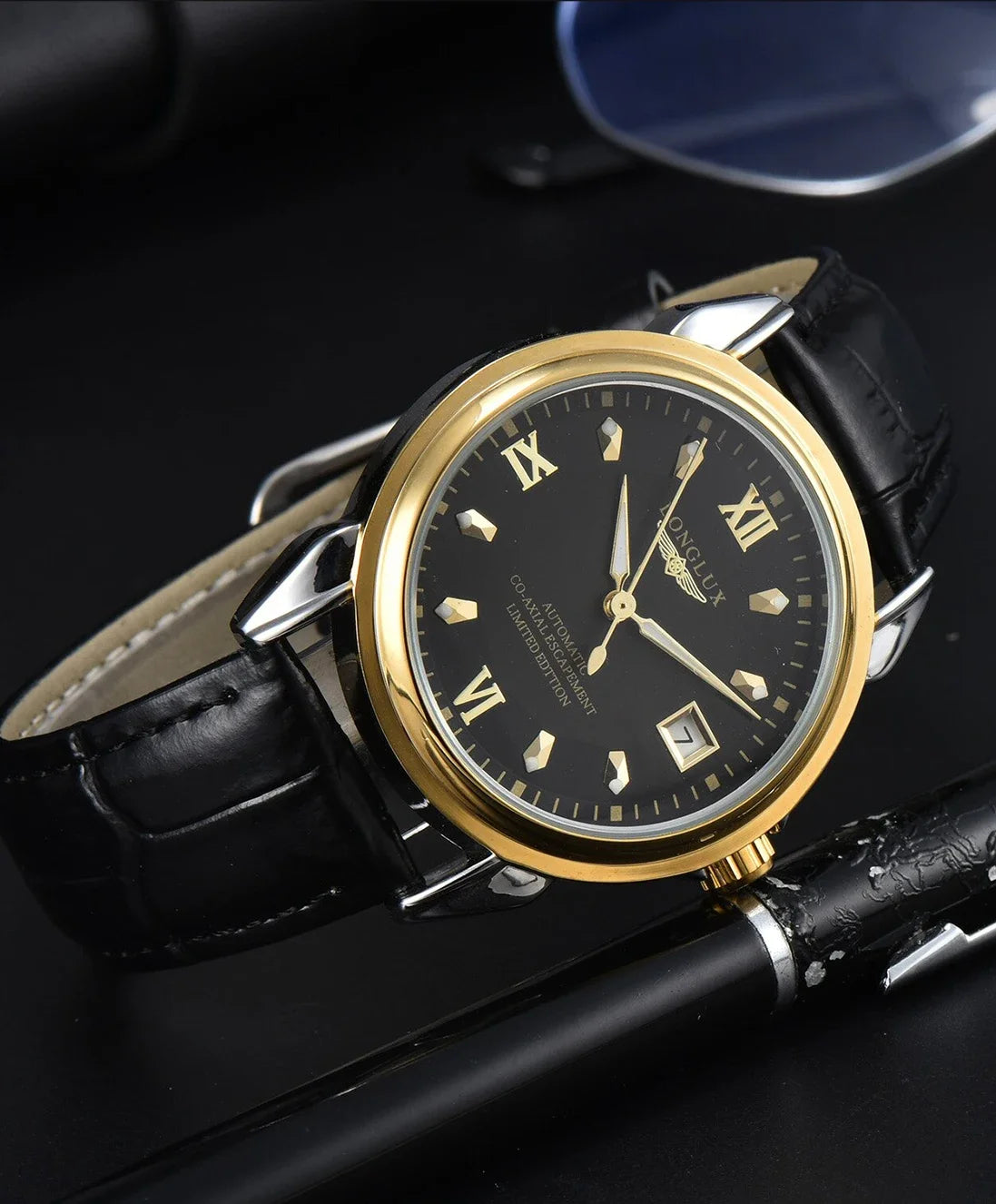 Luxury Men's Automatic Mechanical Watch, Mechanical Movement, Limited Edition, Roman Numeral Dial, Leather Strap, Skeleton Design, Waterproof, Luminous Calendar, Business Casual Style, Men's Watch, High-End Gentleman's Formal