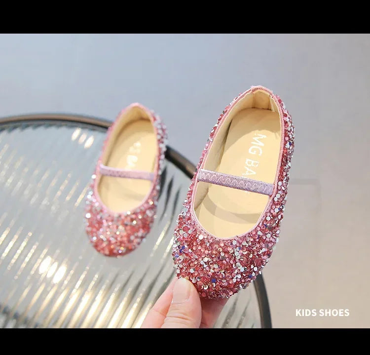 Children's 2025 new single shoe girls' fashion show sequined crystal shoes baby Baotou fashionable soft soled princess shoes