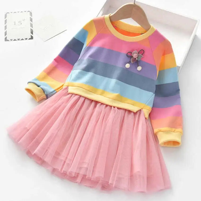 Baby Girls Dress Princess Autumn Sweater Fleece Gauze Tutu Dresses Children Clothing Long Sleeve Rainbow Stripes Dress For Girls