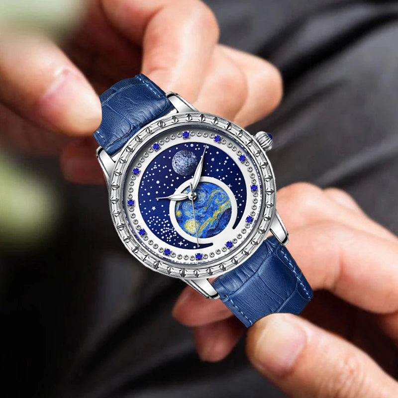 Luxury men's quartz watch, waterproof luminous oil painting starry sky dial, multifunctional watch
