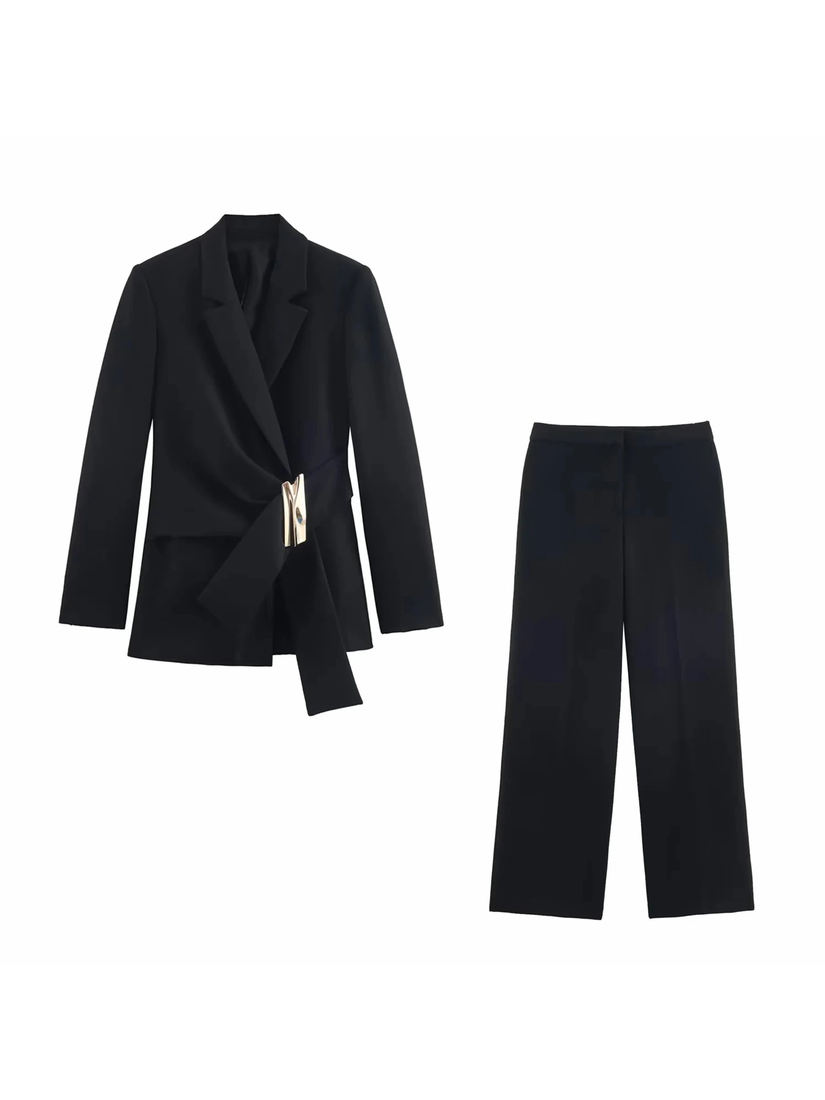 Women Suit Pants Two-Piece Set Buckle Decoration Long Sleeve Blazer Coat + Straight-Leg Pants 2 Pieces Sets Chic Woman Outfits