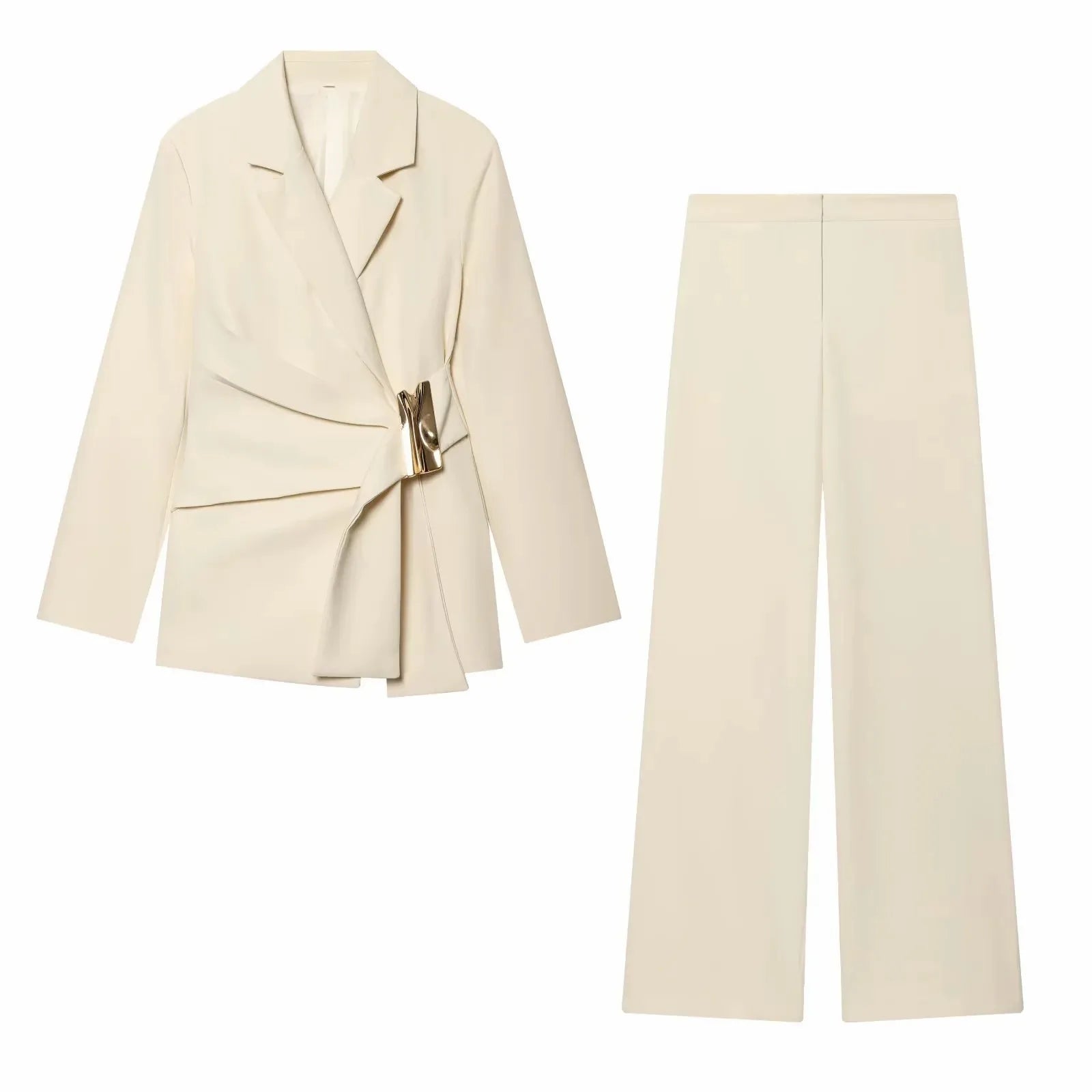 Women Suit Pants Two-Piece Set Buckle Decoration Long Sleeve Blazer Coat + Straight-Leg Pants 2 Pieces Sets Chic Woman Outfits