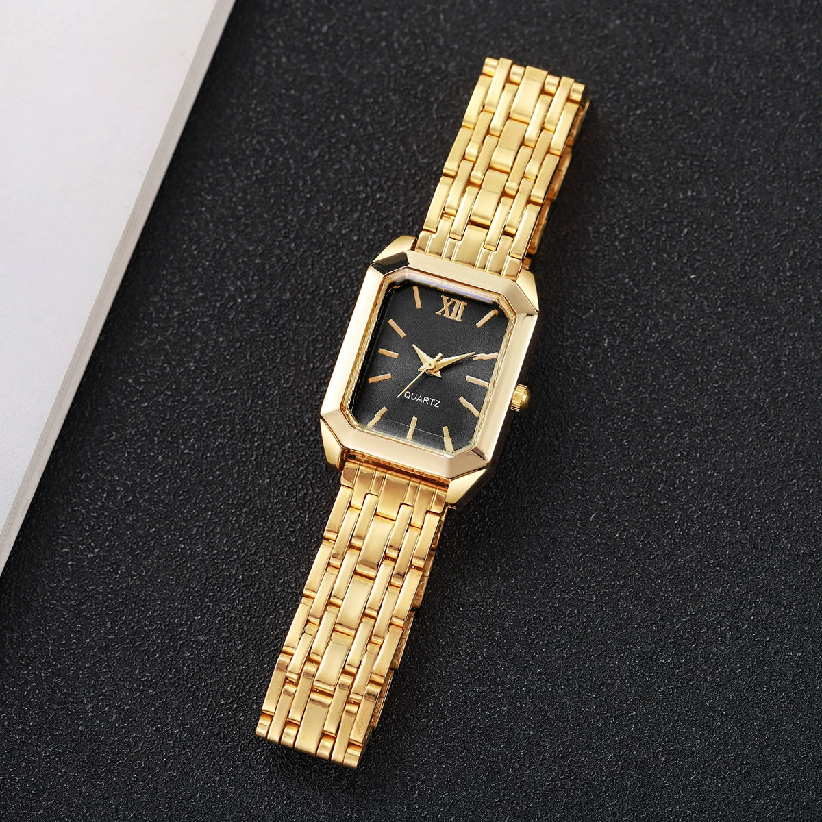 2/5 pçs Light luxury steel strip women's watch student fashion simple square quartz watch set