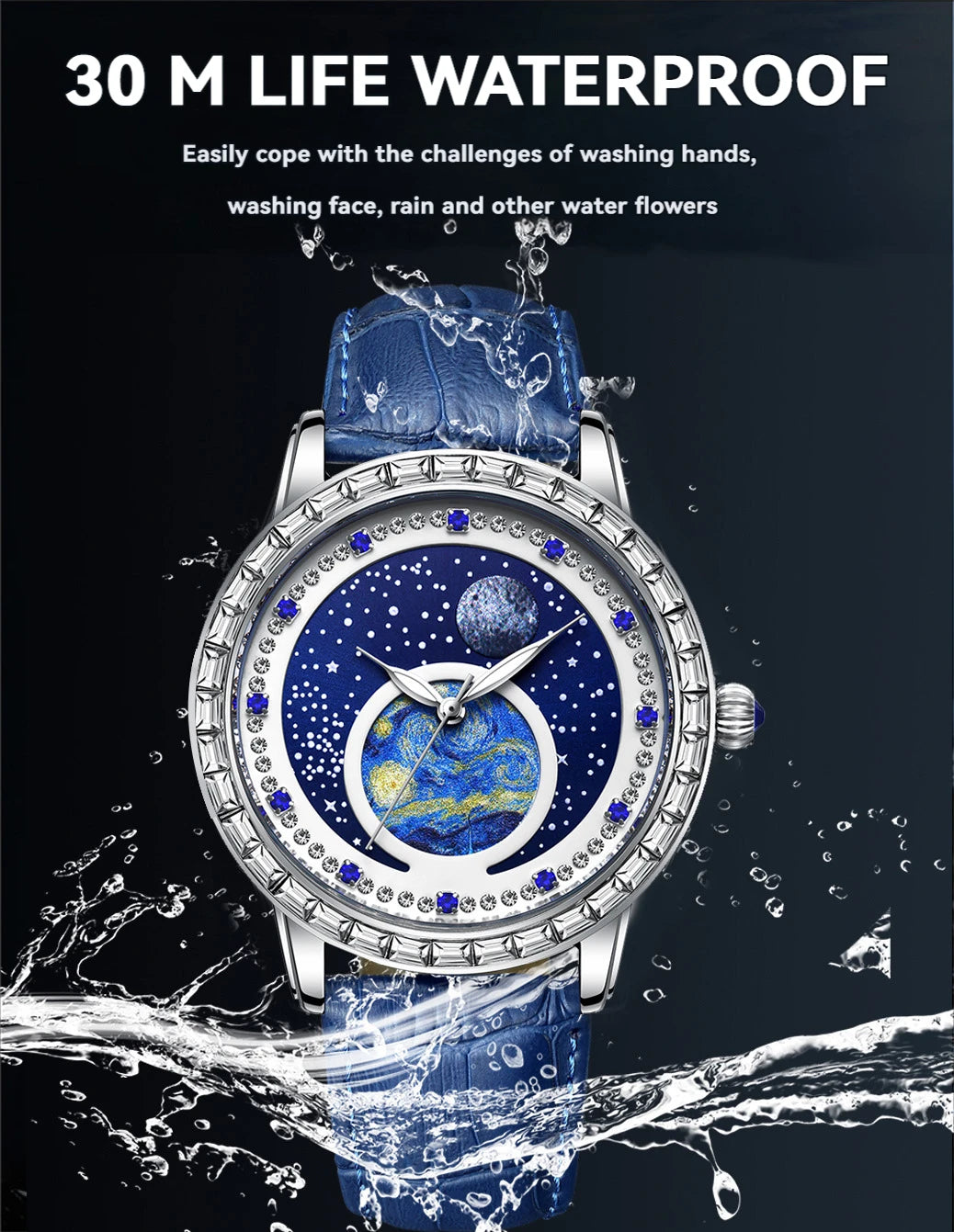 Luxury men's quartz watch, waterproof luminous oil painting starry sky dial, multifunctional watch