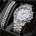 Luxury Large Dial Men's Watch, Stainless Steel Bracelet, Multi-Function Chronograph, Gold/Silver Two Colors, Fashion Quartz Wris