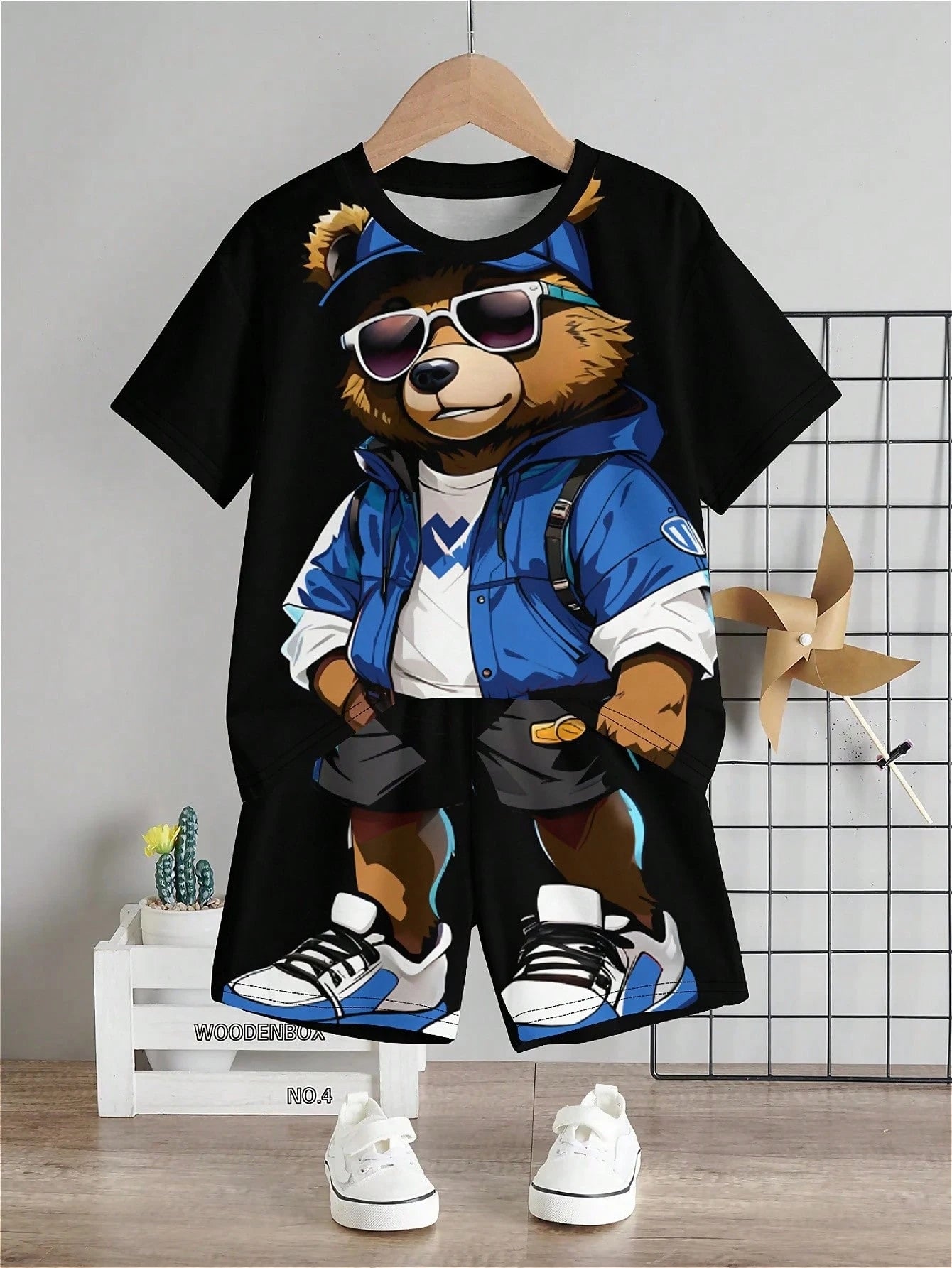 Summer fashion hot little boy summer cute cartoon digital print short-sleeved T-shirt and shorts, hot round neck suit