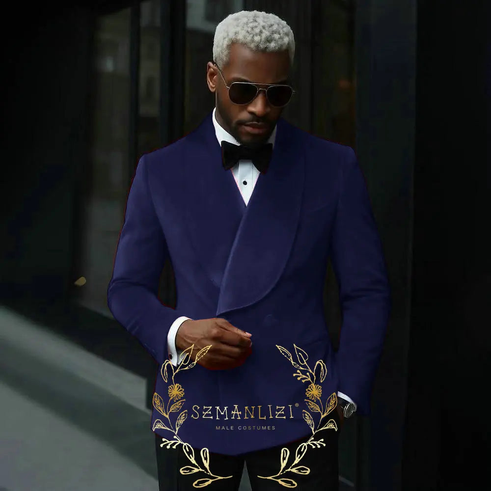 Luxury Grey Velvet Suits Men 2 Pieces Sets Double Breasted Groom Blazers Customized Man Banquet Wedding Tuxedos Male Clothing