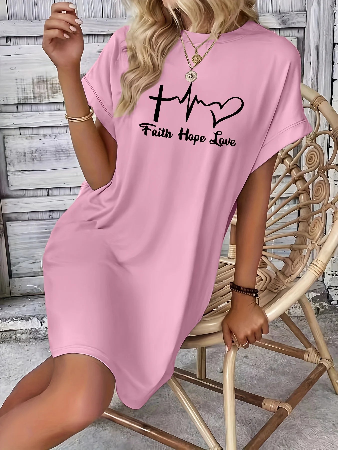 Women's Casual Faith hope love print Graphic TShirt Dress  Short Sleeve Round Neck Loose Fit SpringSummer