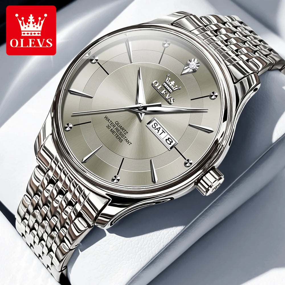 OLEVS Men's Watches Business Simply Original Quartz Watch for Man Waterproof Stainless Steel Luminous Hands Date Week