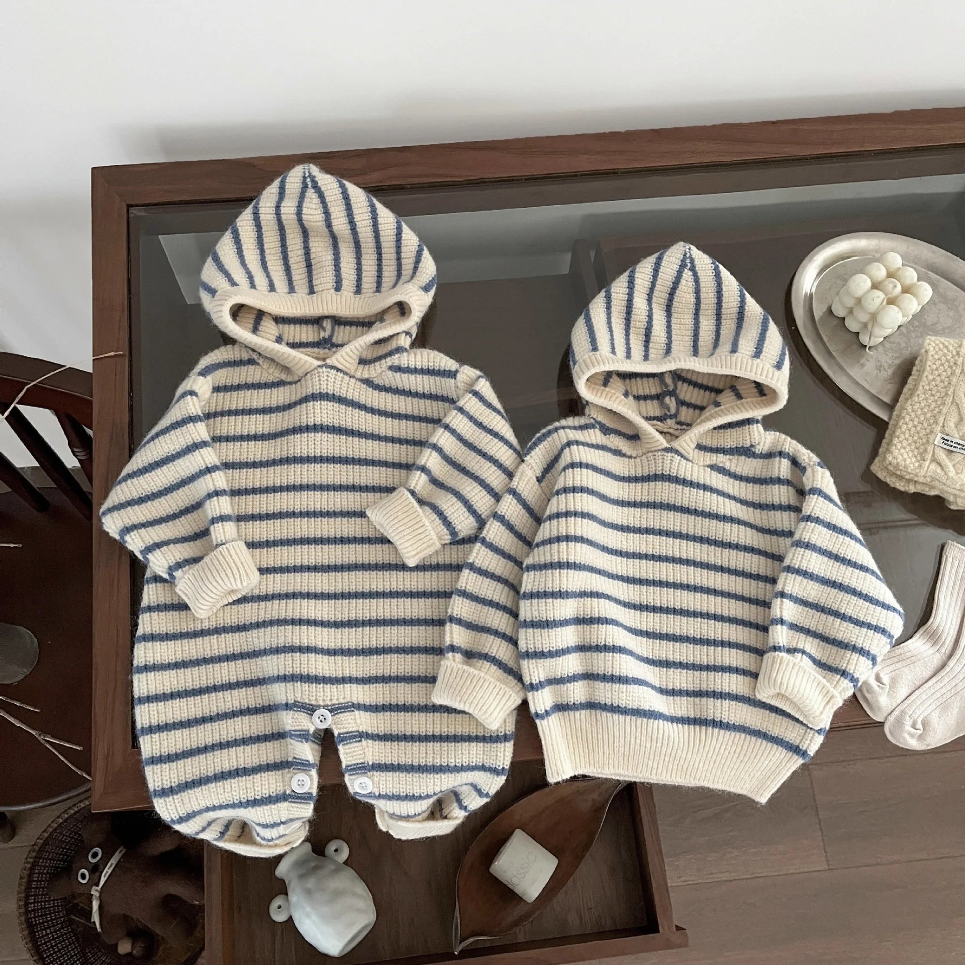 Ins Baby Clothing Korean Style Fashion Casual Soft Comfortable Knitwear Top Winter New Boys Girls Baby Thick Striped Romper