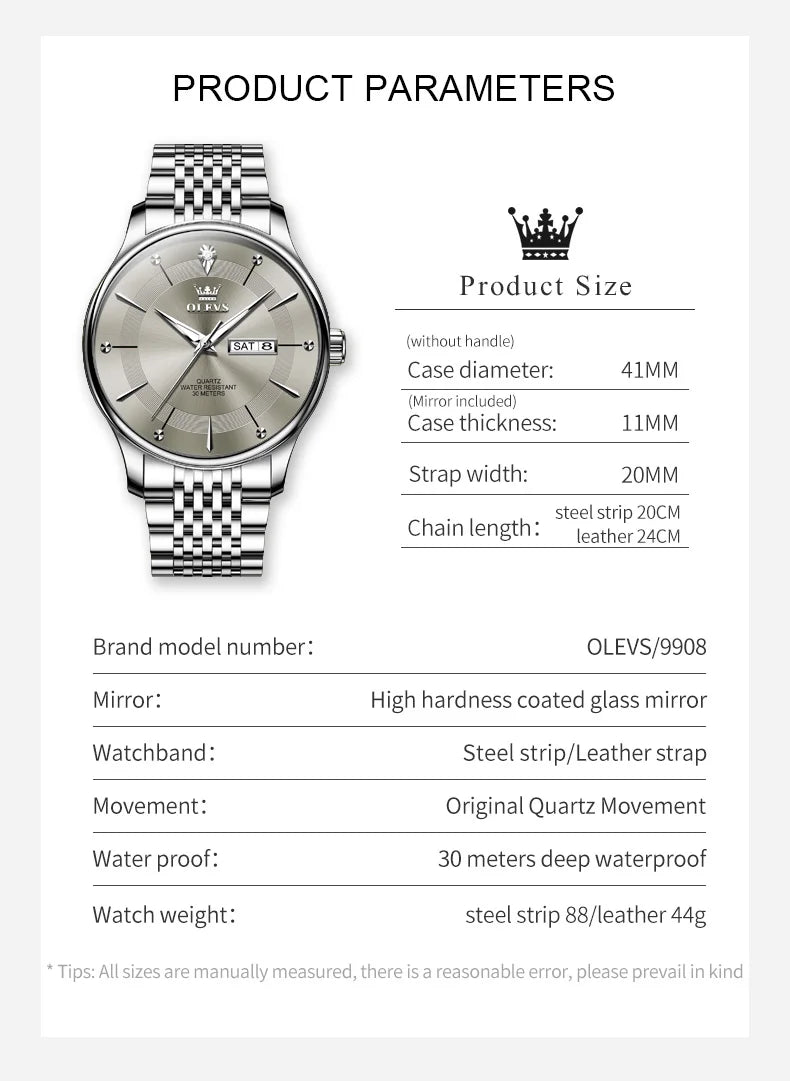 OLEVS Men's Watches Business Simply Original Quartz Watch for Man Waterproof Stainless Steel Luminous Hands Date Week