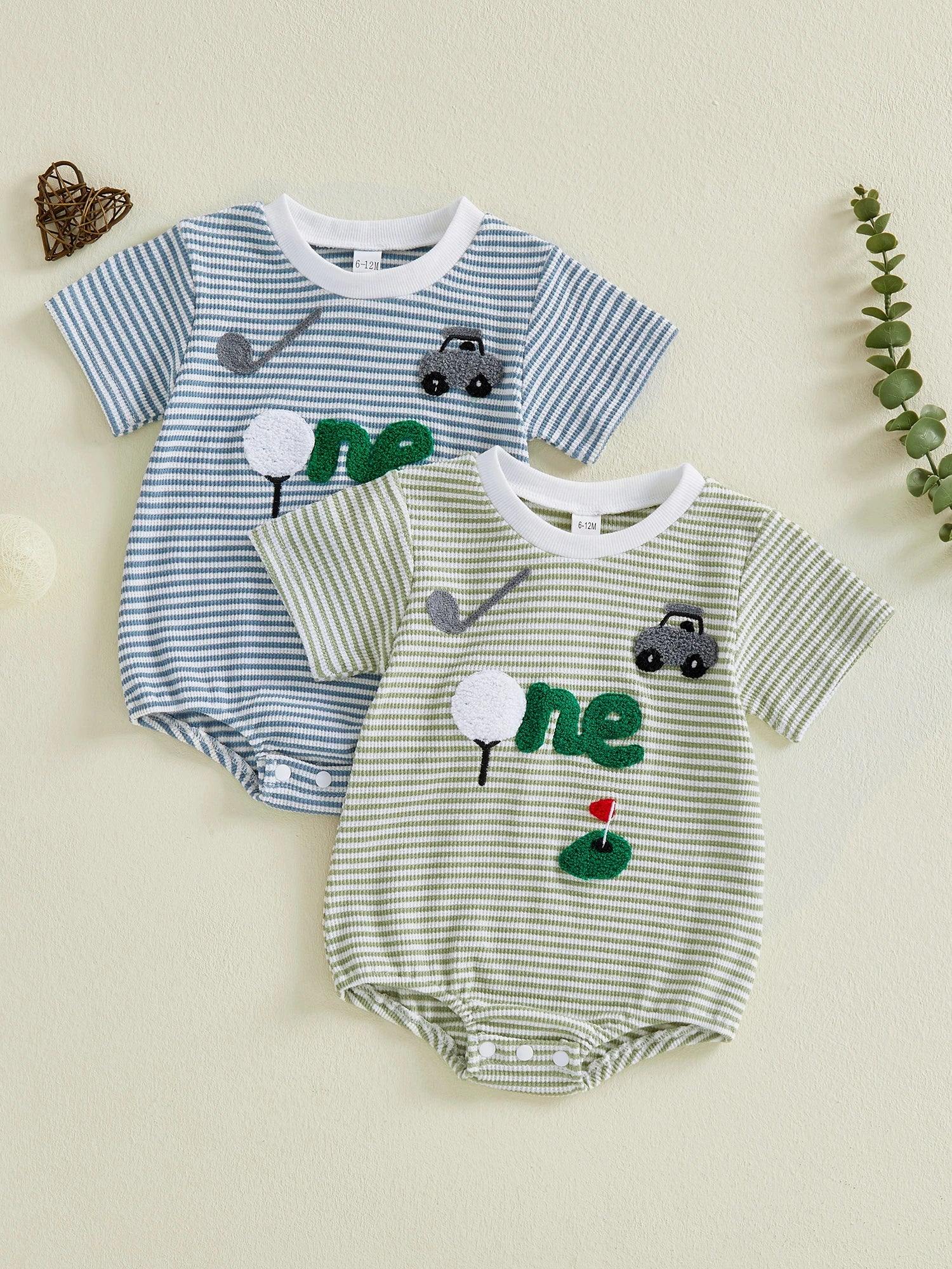 Adorable Baby Boy Romper with Fun Golf Embroidery Striped Design and Short Sleeves for a Stylish Summer Look