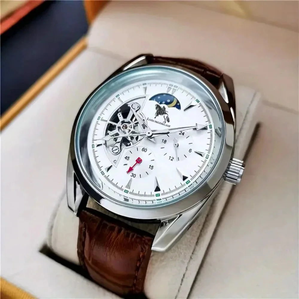 Luxury Men's Automatic Mechanical Watch, Mechanical Movement, Limited Edition, Roman Numeral Dial, Leather Strap, Skeleton Design, Waterproof, Luminous Calendar, Business Casual Style, Men's Watch, High-End Gentleman's Formal
