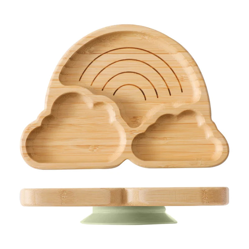 Baby Wooden Tableware Set Could Bamboo Wooden Plate Bowl Silicone Suction Wooden Handle Fork Spoon for Children Feeding Supplies