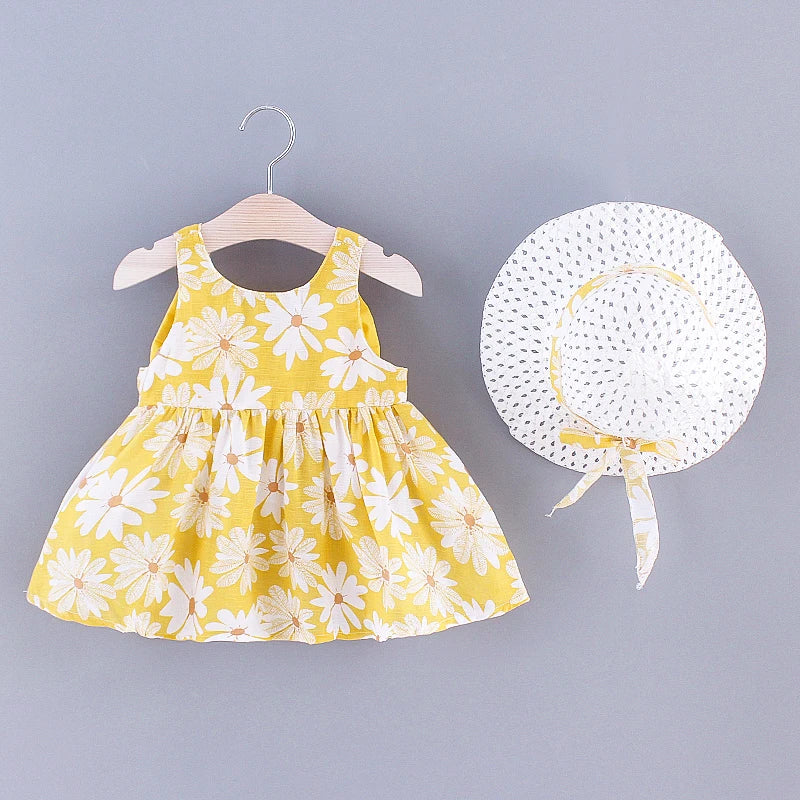 Baby Girl Dress Summer Bow And Full Print Daisy Pattern Suspender Beach Baby Dresses Cute Casual Baby Girl Clothes With Hat ﻿