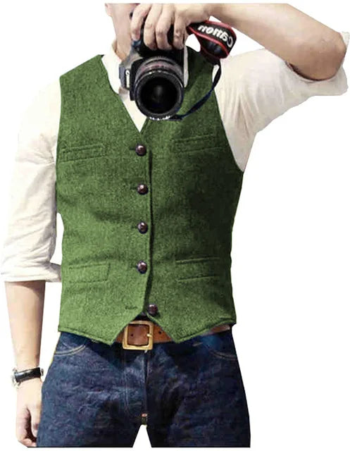 V Neck Men's Suits Vest Casual Classic Formal Business Herringbone Tweed Slim Fit Waistcoat For Wedding Groomsmen