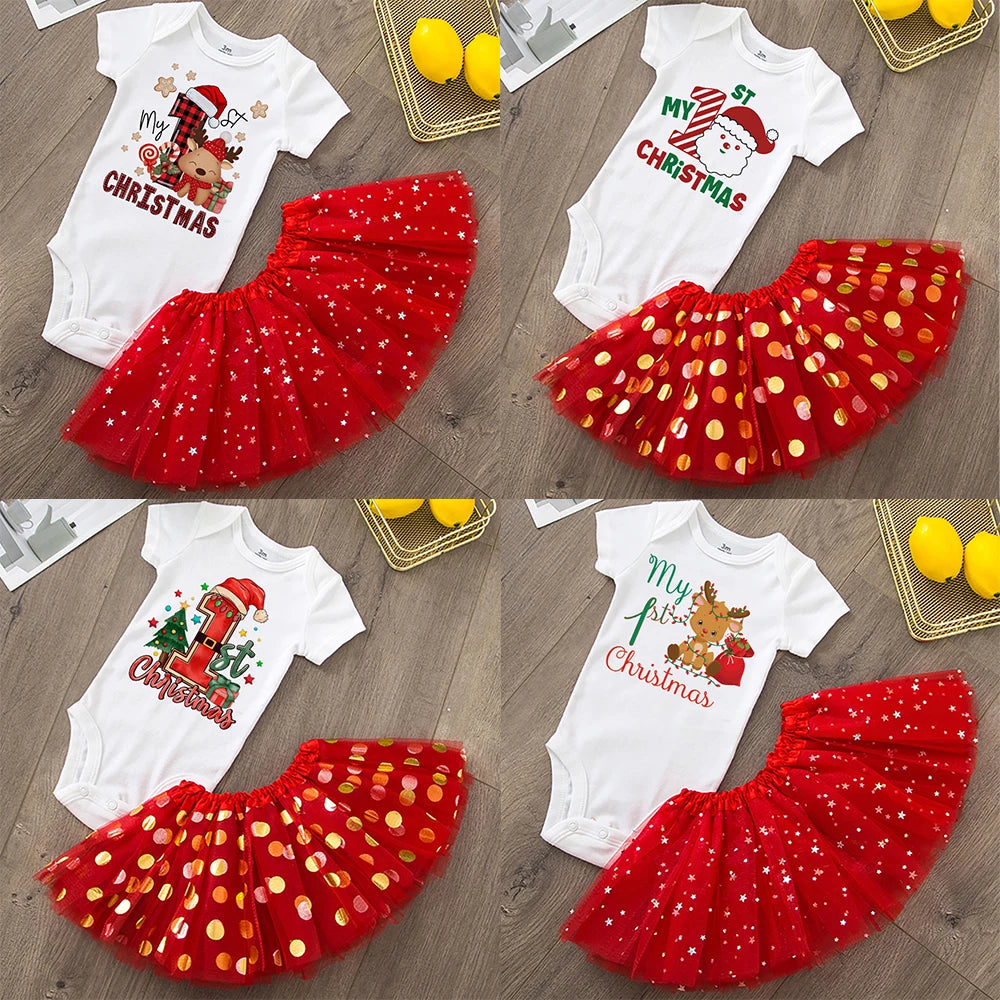 My 1st Christmas Print Baby Girls Cake Smash Dresses Outfits Newborn Xmas Party Tutu + Bodysuit Dress Set Infant Baptism Clothes