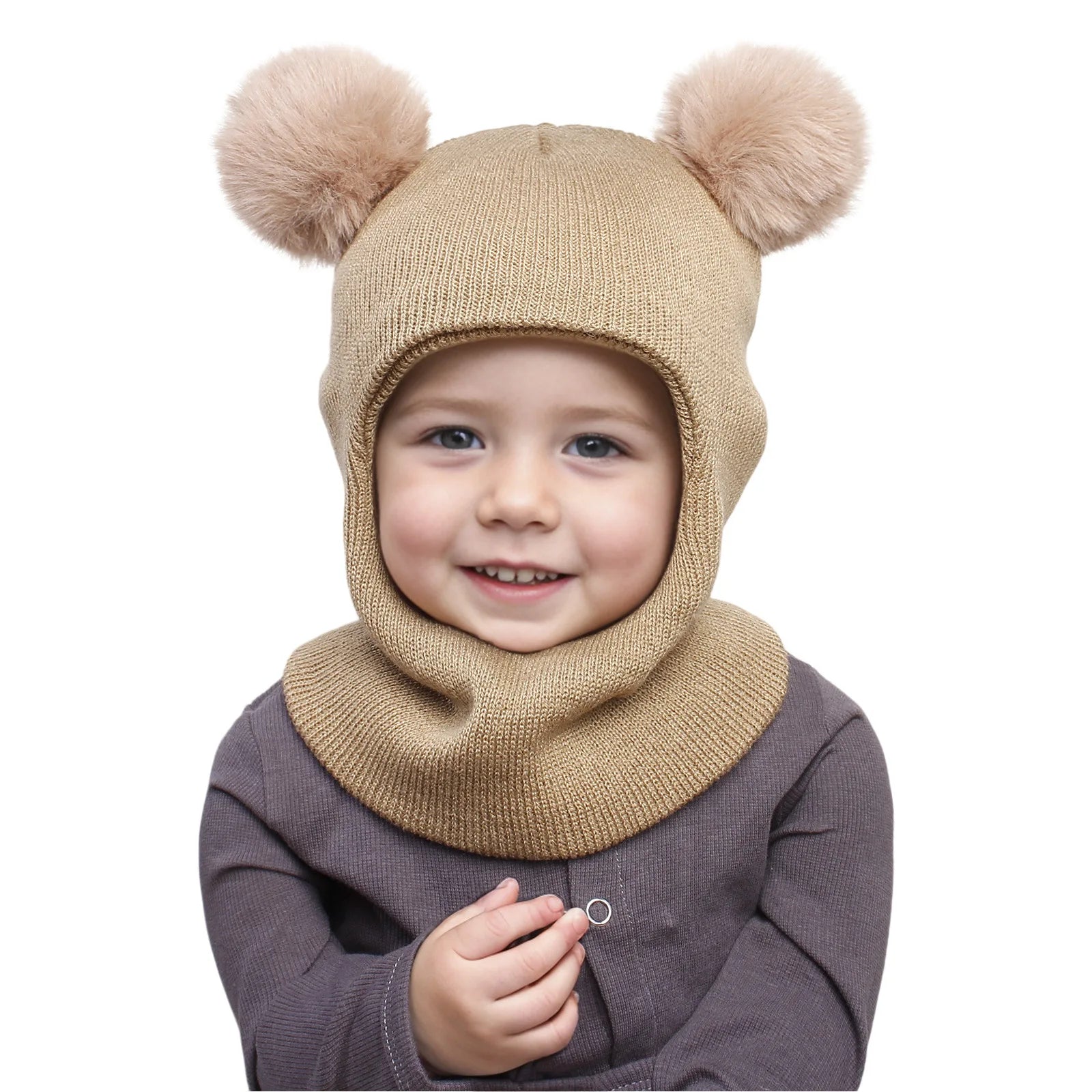 3-12Y autumn and winter double-ball pullover cap, children's double-ball ear-protecting one-piece cap, solid-color cute woolen o