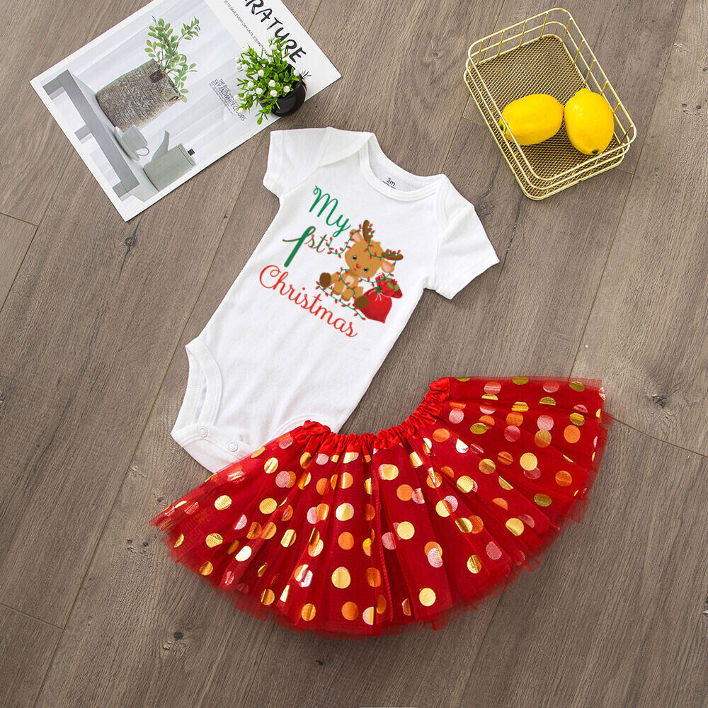 My 1st Christmas Print Baby Girls Cake Smash Dresses Outfits Newborn Xmas Party Tutu + Bodysuit Dress Set Infant Baptism Clothes
