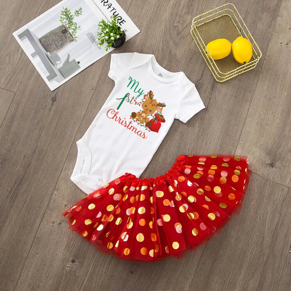 My 1st Christmas Print Baby Girls Cake Smash Dresses Outfits Newborn Xmas Party Tutu + Bodysuit Dress Set Infant Baptism Clothes