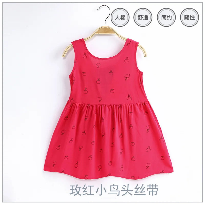 2025 Summer Girls Print Binding Rope Dress For 1-6Years Kids Cotton Sleeveless Sundress Baby Beach Above Knee Mini Casual Dress