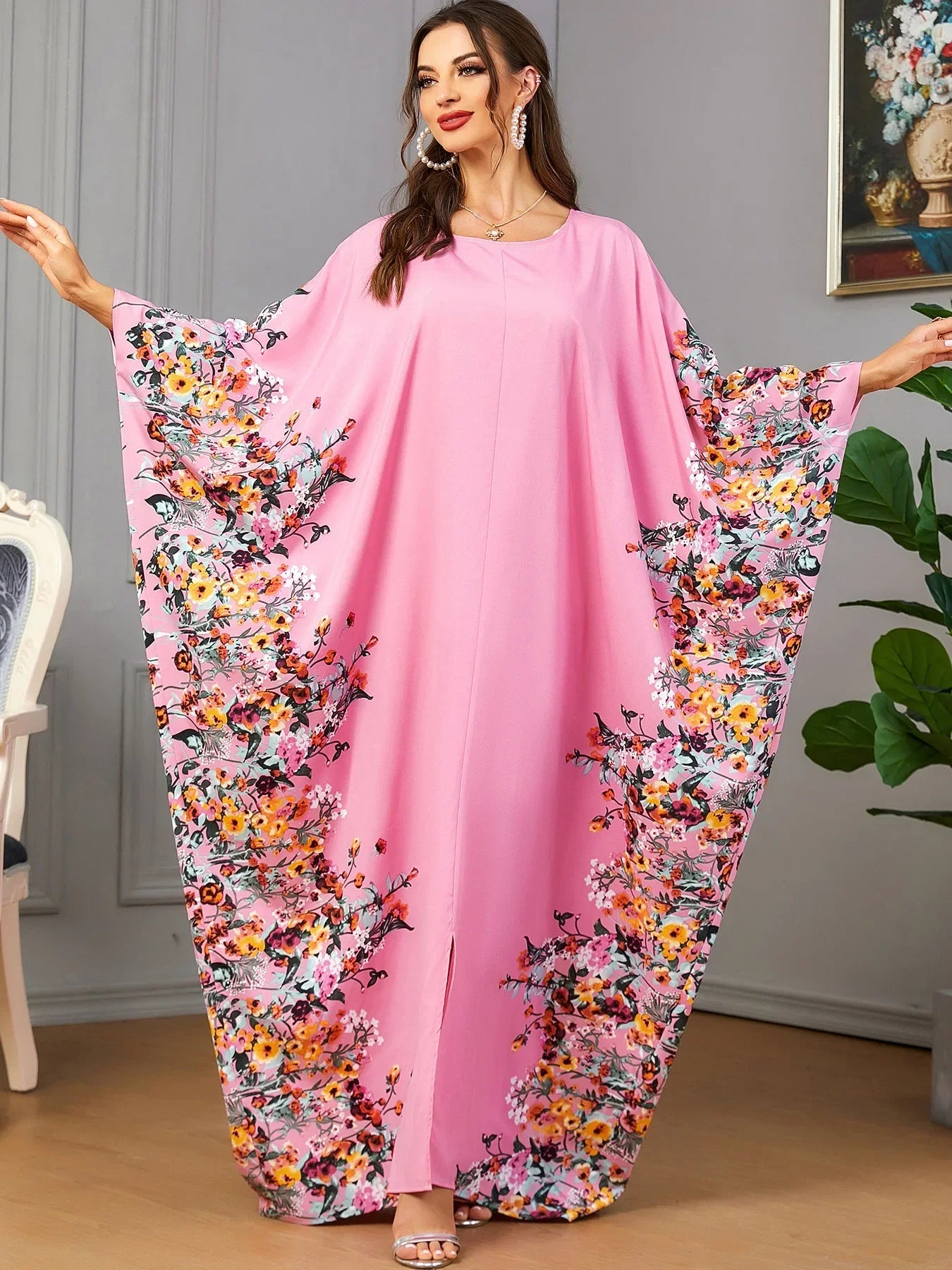 Eid Muslim Party Dress for Women Ramadan Abaya Bat Sleeve Print Long Robe Morocco Kaftan Vestidos Largos Dubai Jalabiya 2025
