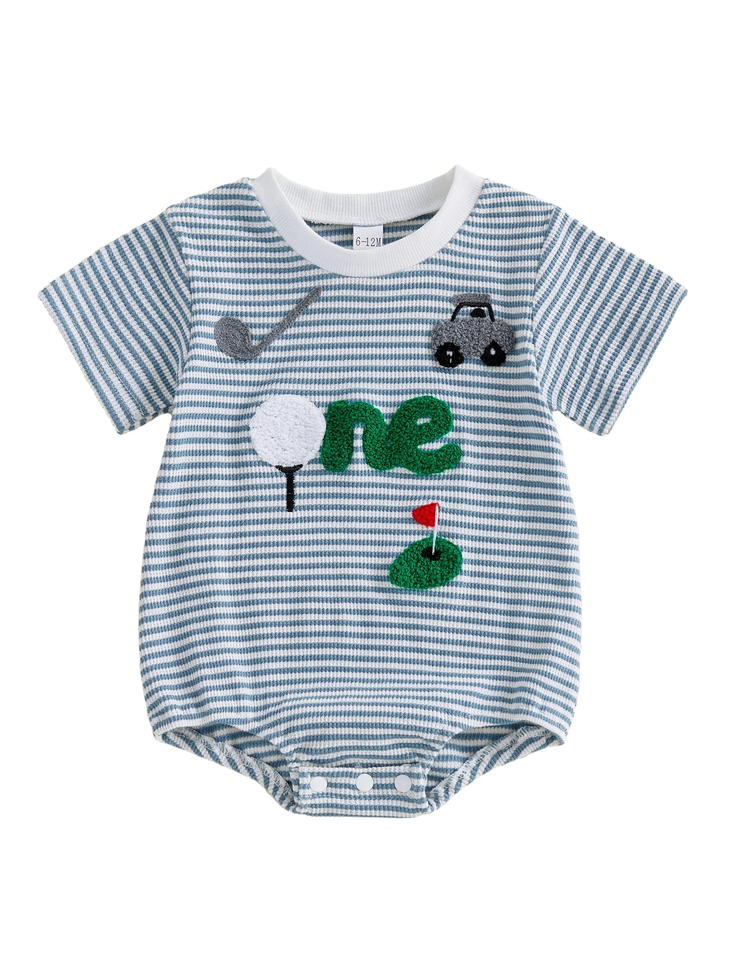 Adorable Baby Boy Romper with Fun Golf Embroidery Striped Design and Short Sleeves for a Stylish Summer Look