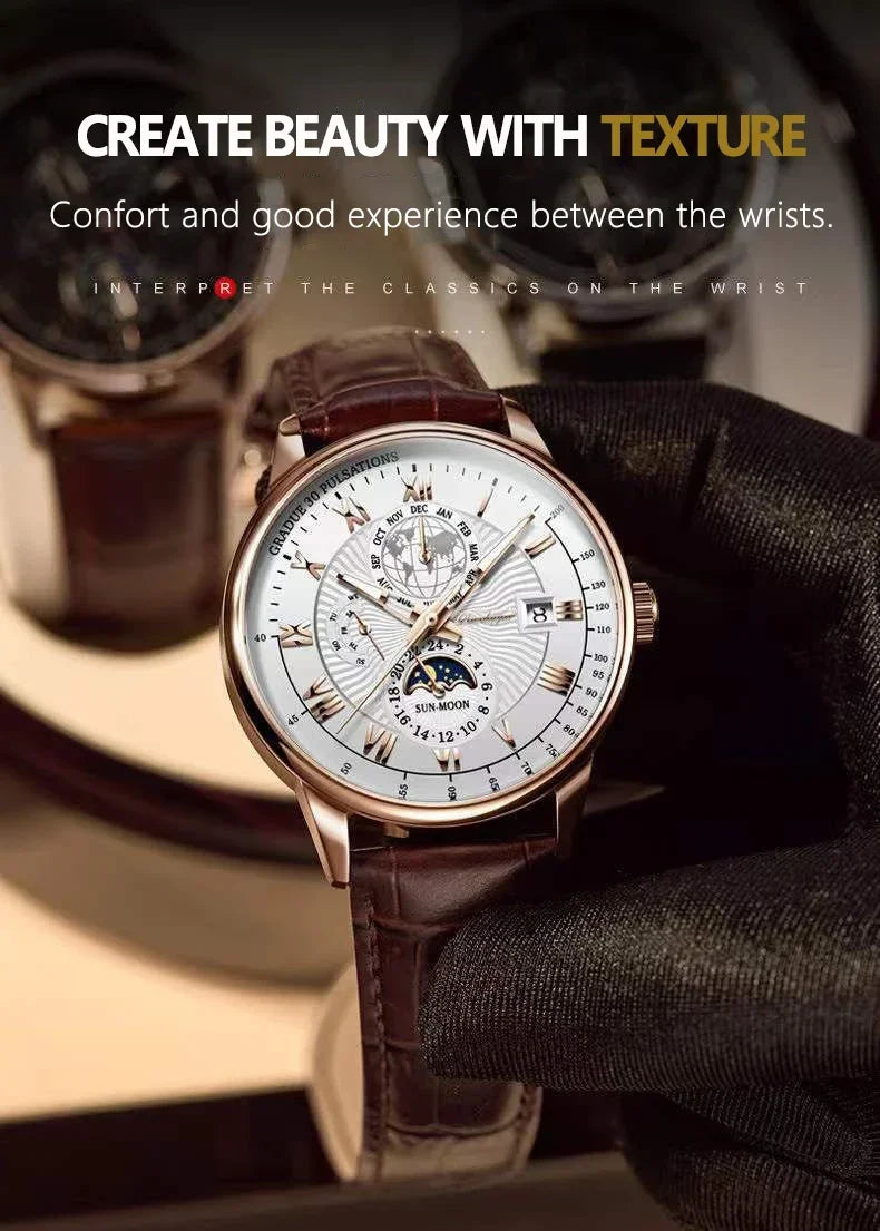 Luxury Brand Watch for Men Trendy High End Light Versatile Quartz Watch Leather Strap Fake Three Eye Fashion Business Wristwatch