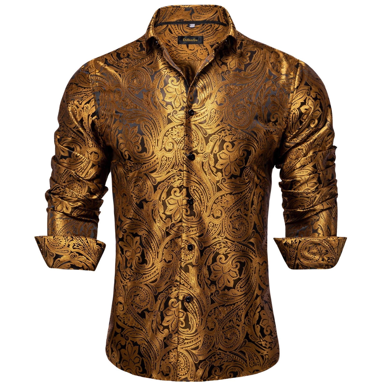 Luxury Men Dress Shirt Formal Prom Tuxedo Long Sleeve Polyester Golden Color Paisley Black Shirts Blouse Men Clothing