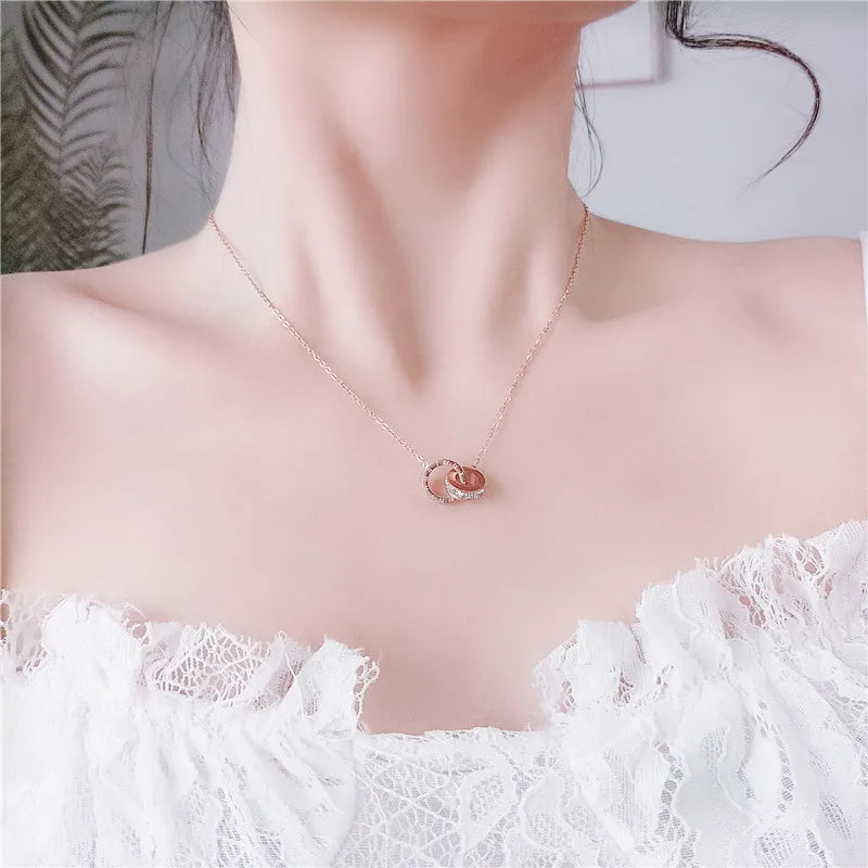 Roman Numeral Double Ring Zircon Inlaid Pendant Necklace For Women Men Personalized Silver Color Gold Color Metal Party Jewelry