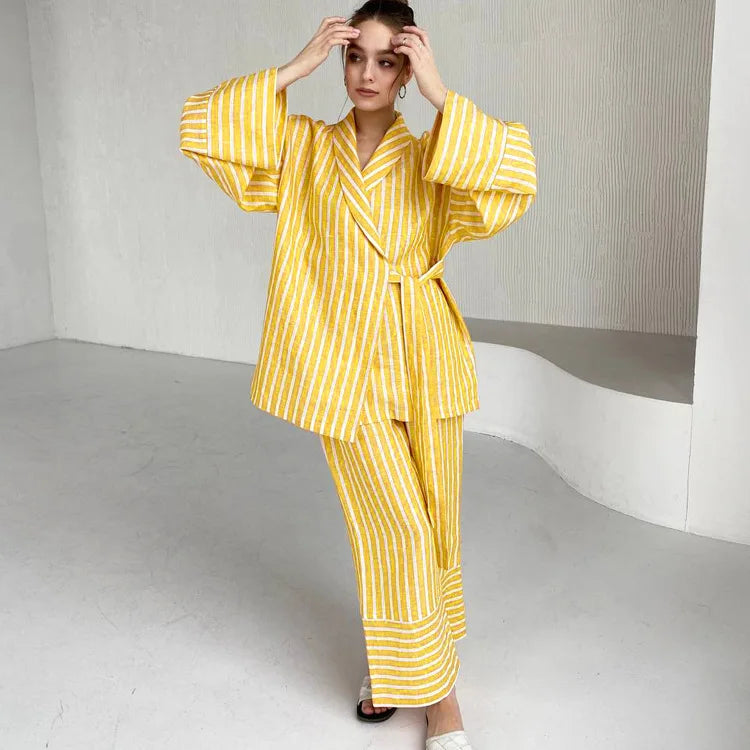 Women's Two-piece Set  Autumn New Striped Long-sleeved Loose Lace-up Top High-waisted Trousers Fashion Casual Suit for Women