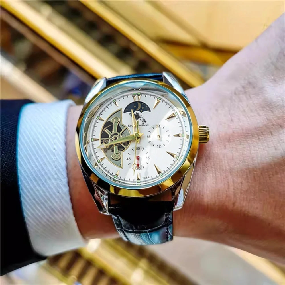 Luxury Men's Automatic Mechanical Watch, Mechanical Movement, Limited Edition, Roman Numeral Dial, Leather Strap, Skeleton Design, Waterproof, Luminous Calendar, Business Casual Style, Men's Watch, High-End Gentleman's Formal