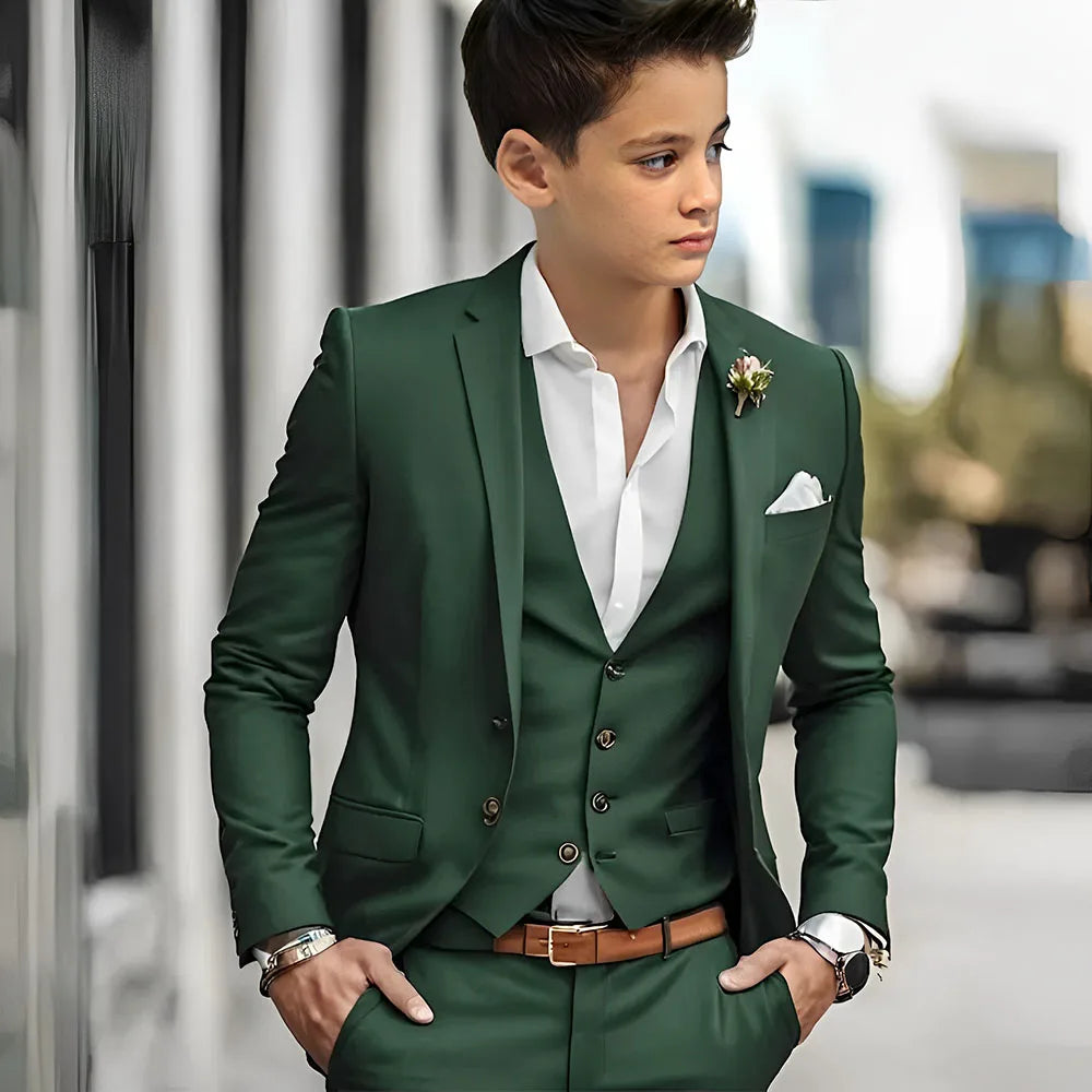 Luxury Green Bos Suits Elegant Wedding 3 Piece Jacket Pants Vest Boy Clothing High Quality Customized Full Sets Costume Kids