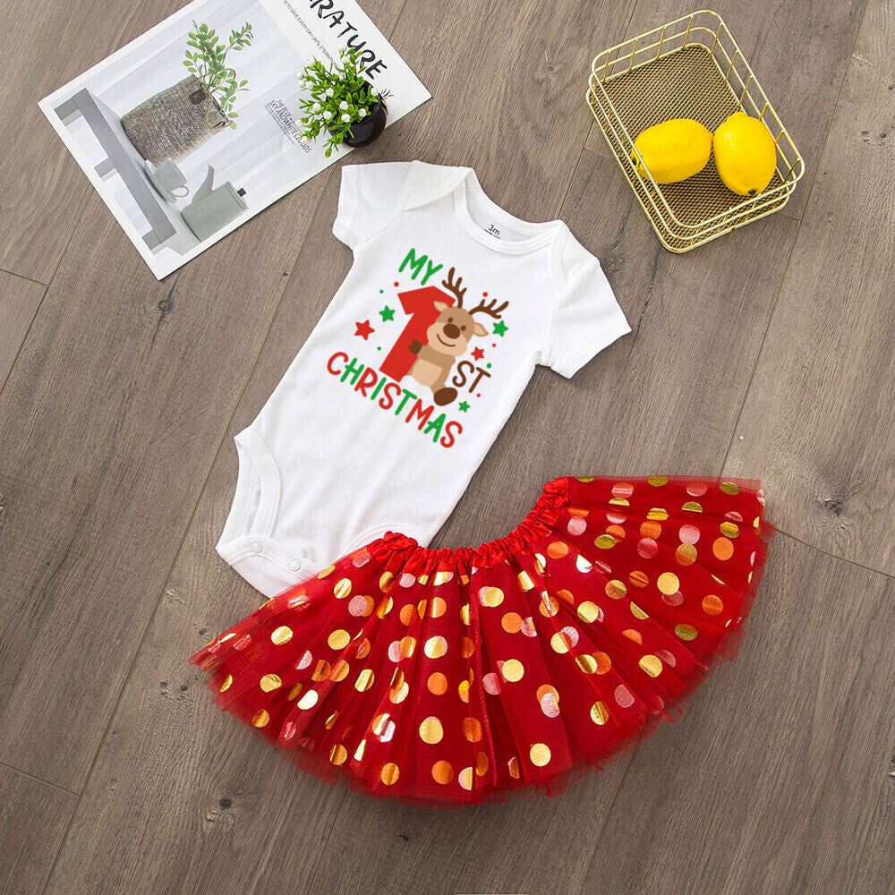 My 1st Christmas Print Baby Girls Cake Smash Dresses Outfits Newborn Xmas Party Tutu + Bodysuit Dress Set Infant Baptism Clothes