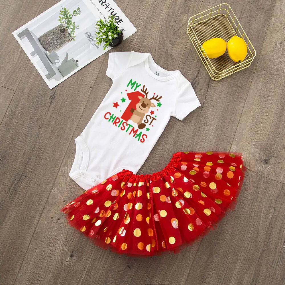 My 1st Christmas Print Baby Girls Cake Smash Dresses Outfits Newborn Xmas Party Tutu + Bodysuit Dress Set Infant Baptism Clothes