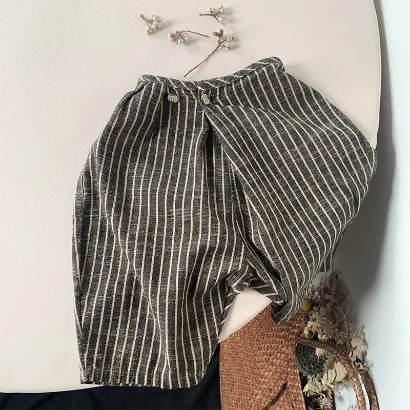 Kids Retro Striped Cotton Linen Pants – Comfortable Loose Fit Summer Trousers