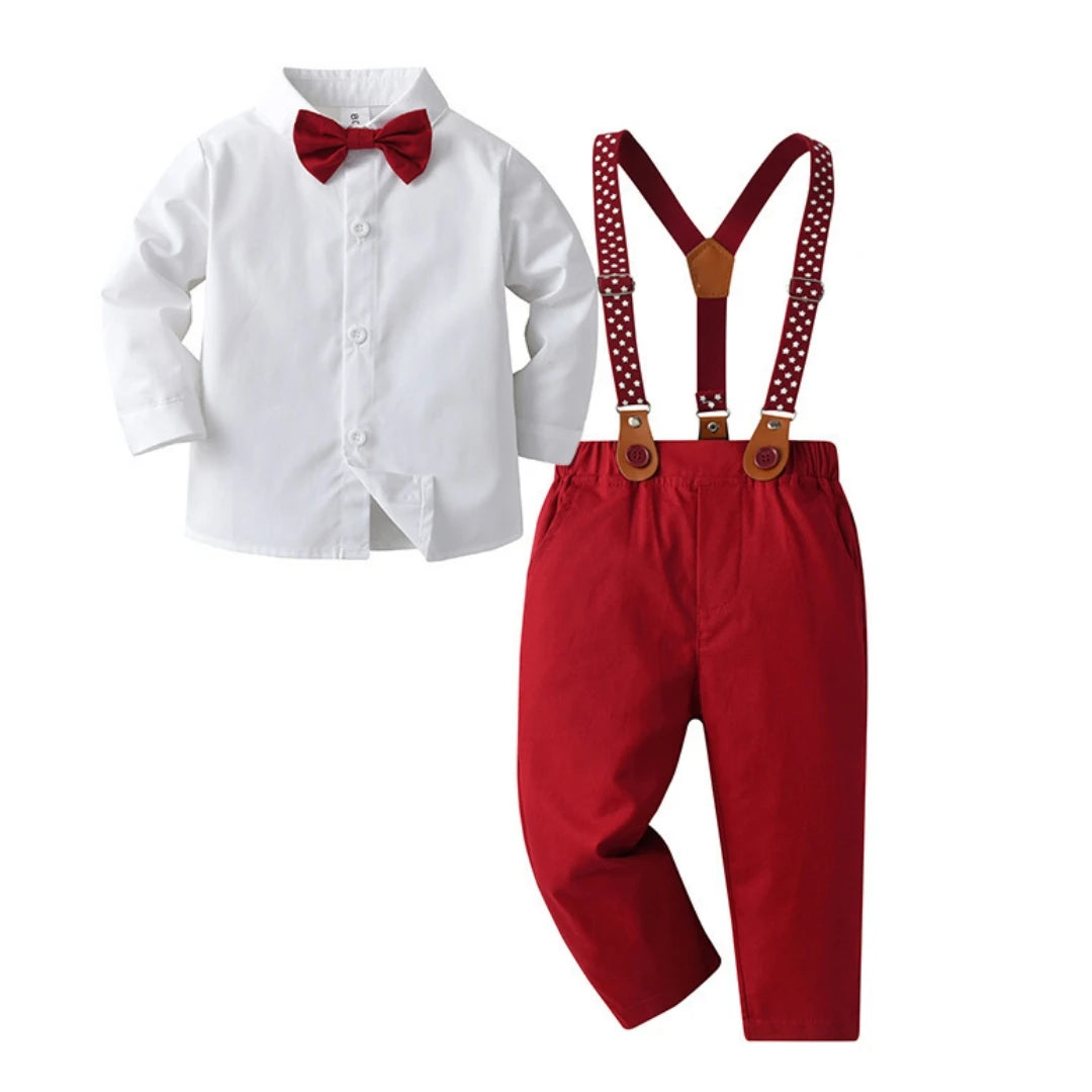 Christmas Outfit for 1-7 Years Boys Long Sleeve Solid 4PCS Sets Kid Gentleman Birthday Cotton Clothing Star Suspender Baby Suit