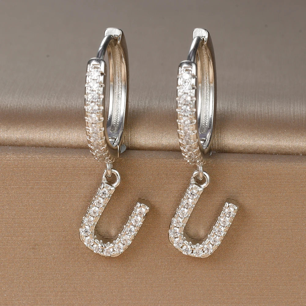 Silver Color Stainless Steel 26 Letters Hoop Earrings For Women A-Z Crystal Zircon Cartilage Piercing Earrings Wedding Jewelry