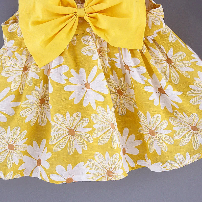 Baby Girl Dress Summer Bow And Full Print Daisy Pattern Suspender Beach Baby Dresses Cute Casual Baby Girl Clothes With Hat ﻿