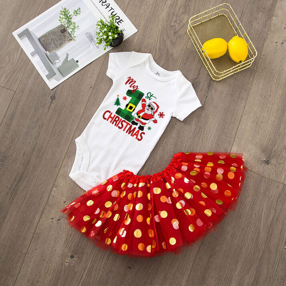 My 1st Christmas Print Baby Girls Cake Smash Dresses Outfits Newborn Xmas Party Tutu + Bodysuit Dress Set Infant Baptism Clothes