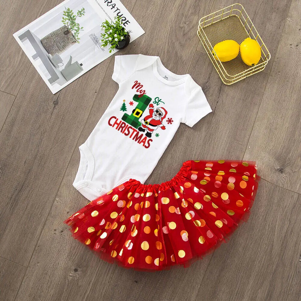 My 1st Christmas Print Baby Girls Cake Smash Dresses Outfits Newborn Xmas Party Tutu + Bodysuit Dress Set Infant Baptism Clothes