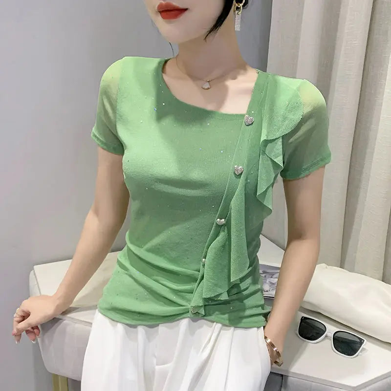 Summer Outfit Elegant Lrregular Slanted Collar Short Sleeve T Shirt For Women Ruffle Slim Clothes 2025 High Quality Tops Woman