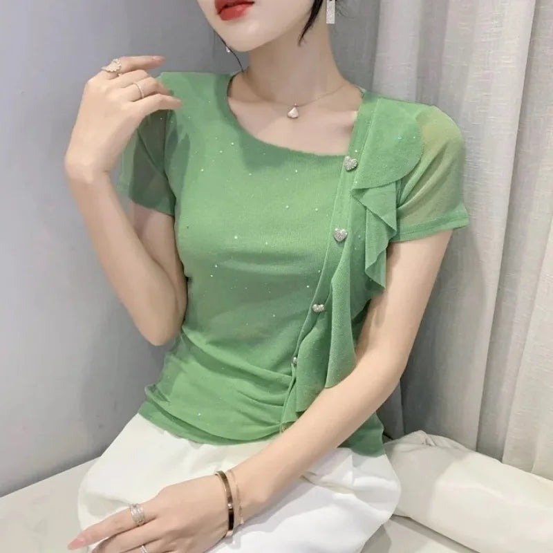 Summer Outfit Elegant Lrregular Slanted Collar Short Sleeve T Shirt For Women Ruffle Slim Clothes 2025 High Quality Tops Woman